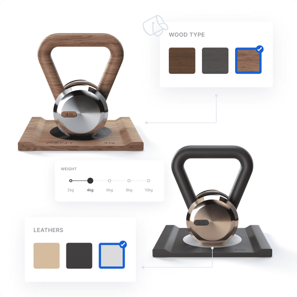 Close-up of a kettlebell in a minimalist setting, customisable via Mimeeq's 2D product configurator, with text indicating options for wood type and weight