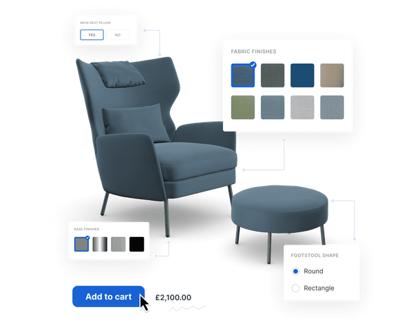 3D image of a customizable lounge chair and footstool in configuration software, showcasing real-time options