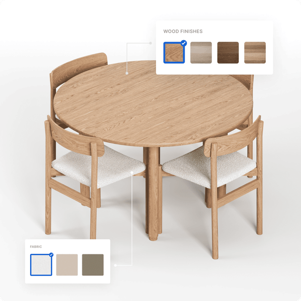 Table and chairs customisable in wood finishes and cushion colours, demonstrating ease of setup with Mimeeq’s 2D Product Configurator